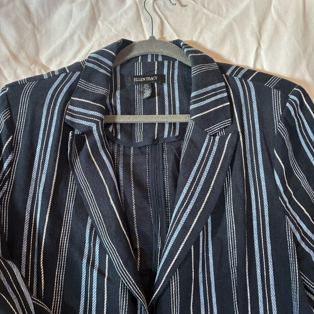 Spring Linen Blazer Women Large Navy/Light Blue/White Striped Blazer Linen Blend - Picture 3 of 12